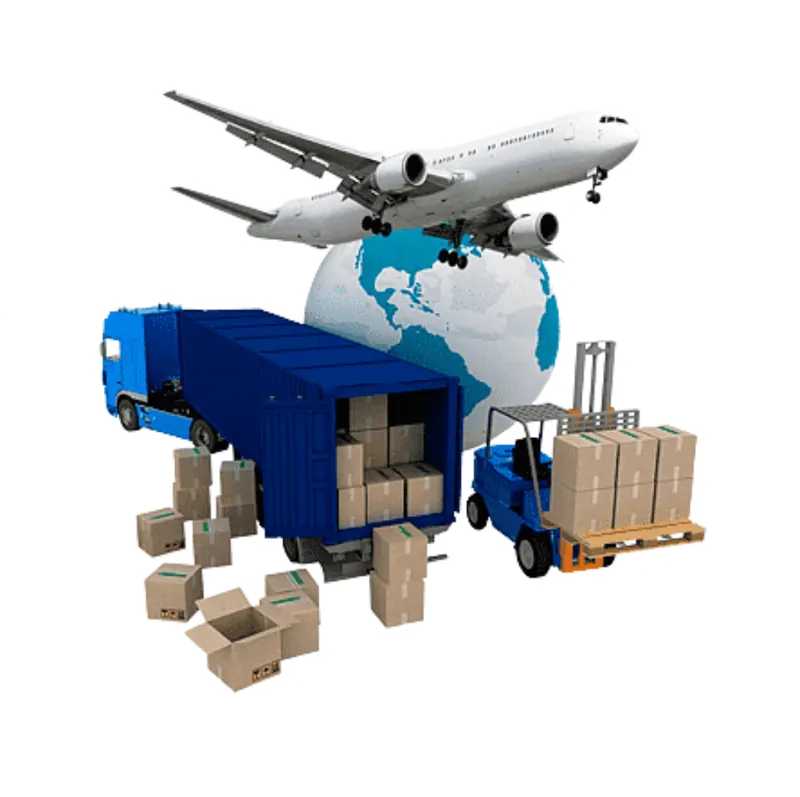 Camion, avion et chariot élévateur illustrant le transport national et international
